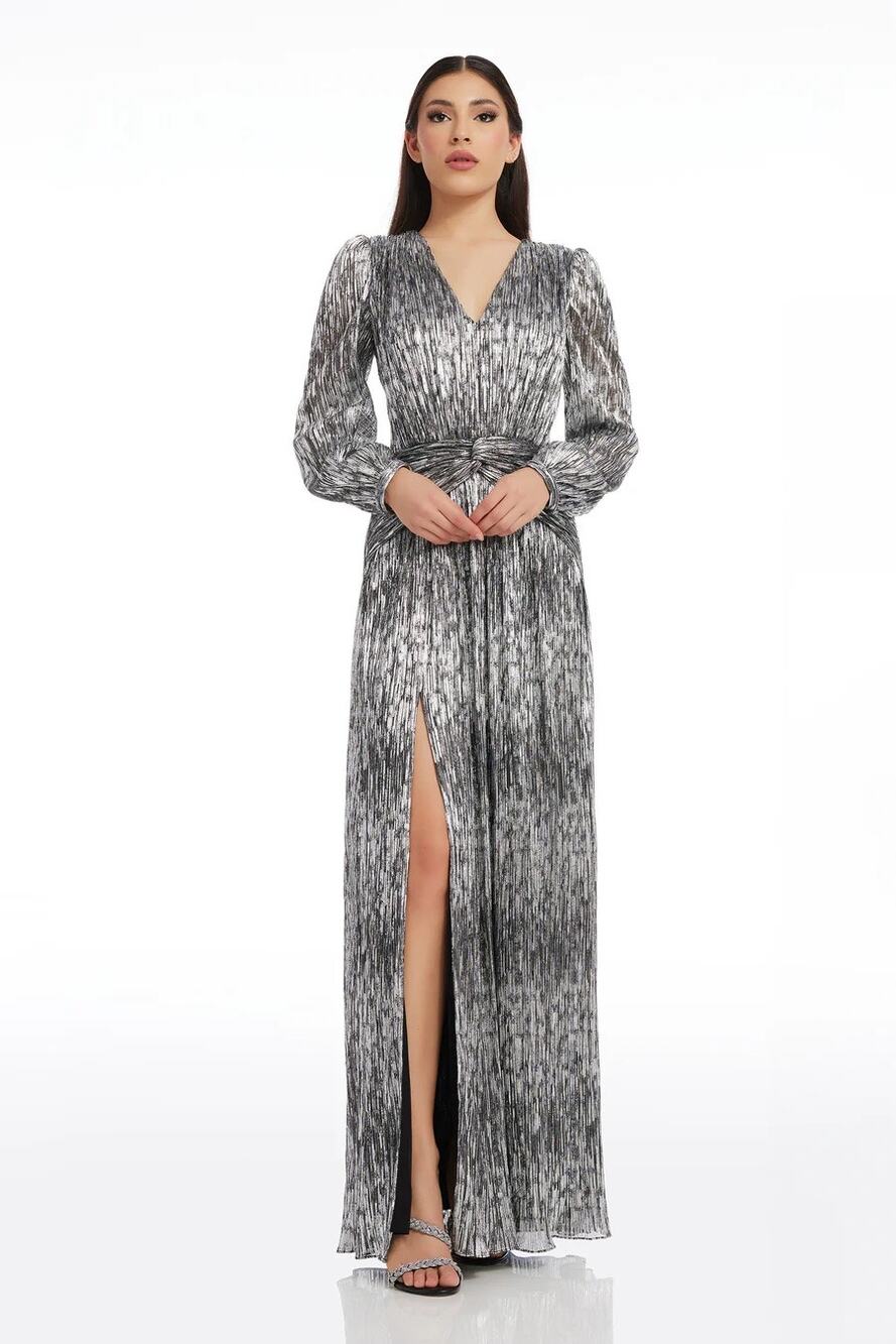 Dress The Population Cia Metallic Long Sleeve Maxi Dress Silver Black Large NWOT
